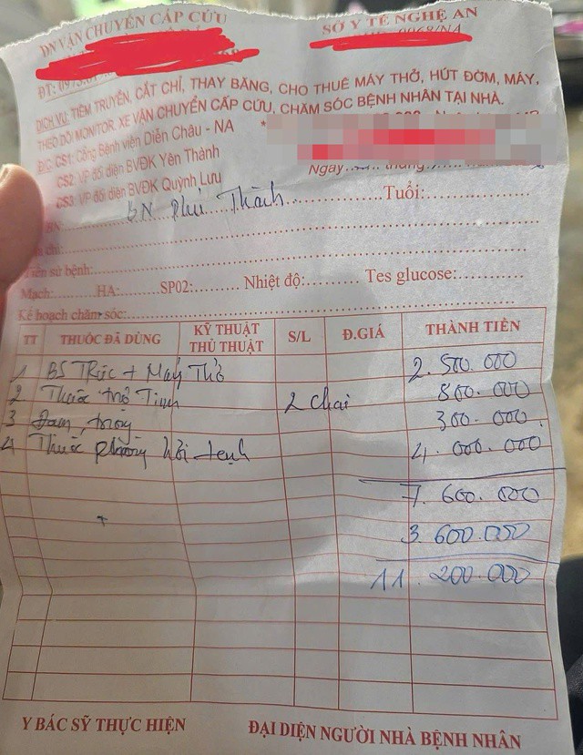 Các khoản chi được thông báo bao gồm tiền thuê máy thở, thuốc trợ tim, vật tư y tế và một khoản được giải thích là "thuốc phòng hơi lạnh" giá 4 triệu đồng.