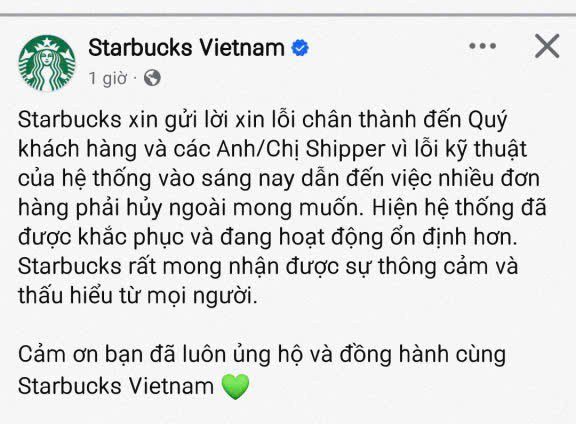 Dòng trạng thái xin lỗi của Starbucks tối nay
