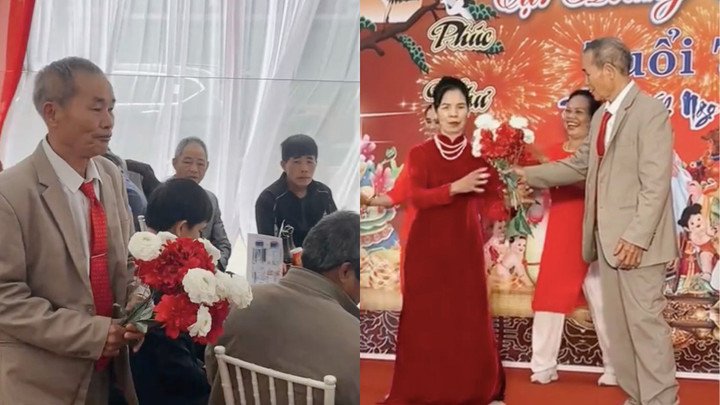 Không ngần ngại nơi đông người, cụ ông vẫn thể hiện tình cảm thắm thiết. (Ảnh chụp màn hình)