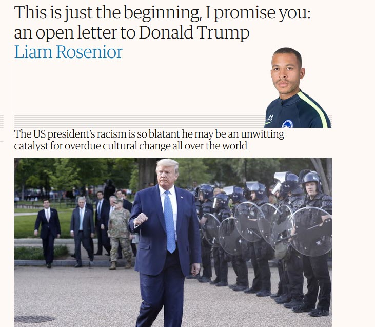 Lá thư mở của Rosenior dành cho Donald Trump trên tờ The Guardian, tháng 6/2020