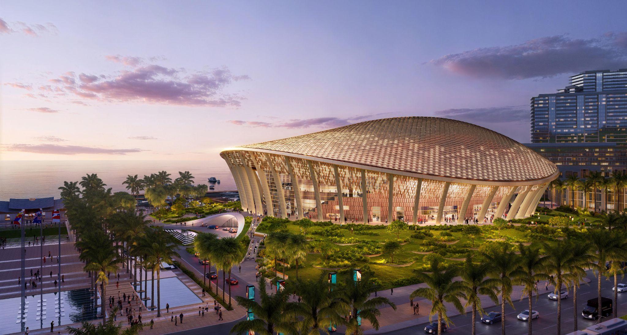 Nhà biểu diễn đa năng với phần mái lấy cảm hứng từ vảy rồng cùng 50 cột trụ, gợi nhắc truyền thuyết Con Rồng cháu Tiên của Việt Nam.