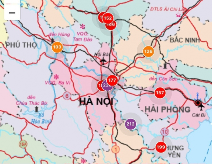Tình trạng ô nhiễm không khí lúc 7h20 sáng nay tại Hà Nội, Hưng Yên, Hải Phòng, Thái Nguyên. Nguồn: VN Air.