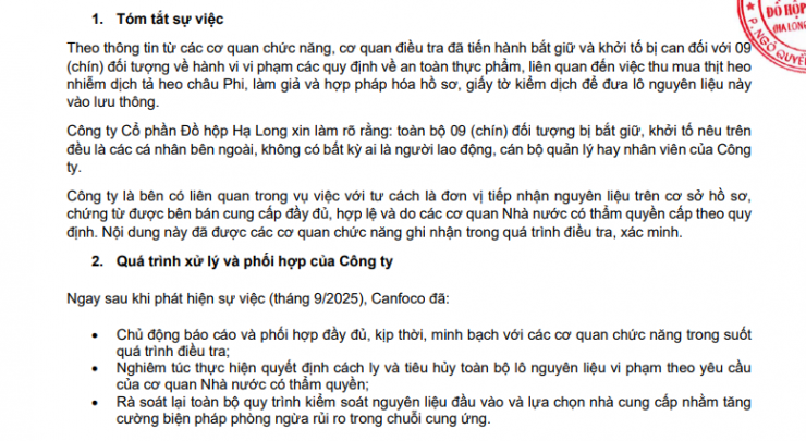 Một phần giải trình của Canfoco. Ảnh chụp màn hình