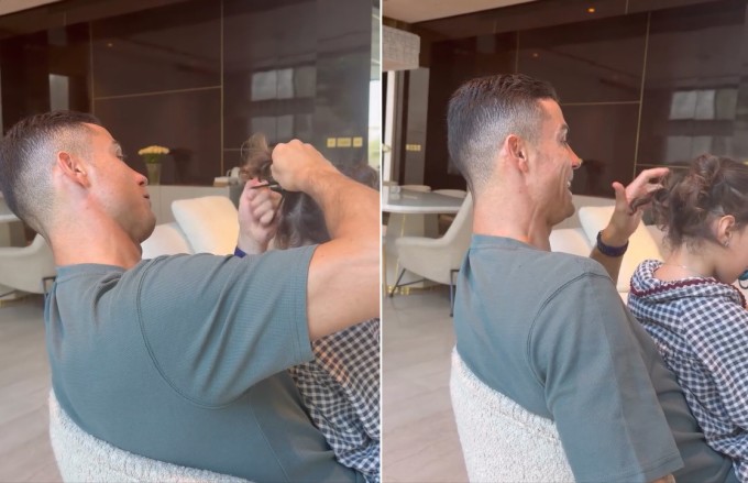 Ronaldo rạng rỡ niềm vui khi tạo xong kiểu tóc hai bên cho con gái út.