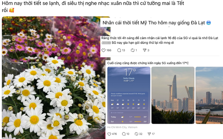 Người dân TP.HCM lên mạng bày tỏ sự hào hứng với tiết trời lạnh sâu 17°C. (Ảnh chụp màn hình)