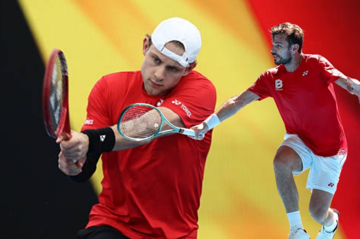 Wawrinka (bên phải) bước vào trận đấu khó khăn với ngôi sao đang lên người Bỉ&nbsp;Zizou Bergs (bên trái)