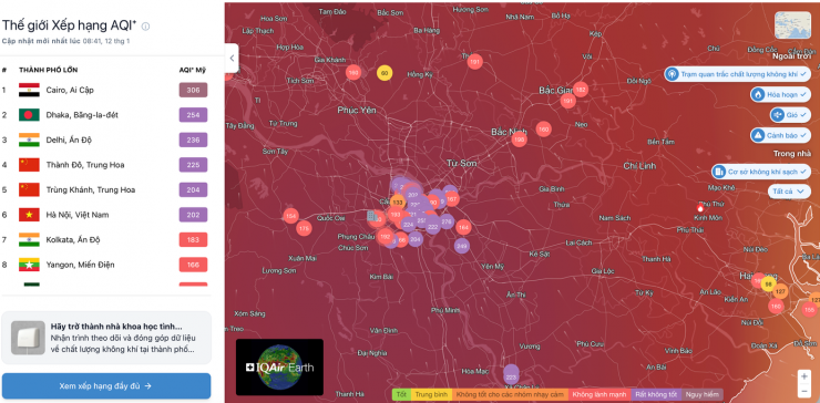 Bản đồ chất lượng không khí sáng ngày 12/1, tại Hà Nội.