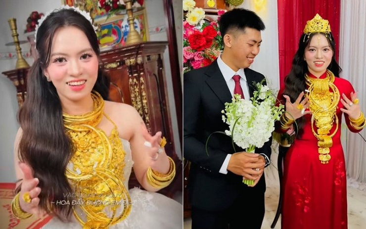 Cô dâu đeo vàng trĩu cổ, trĩu tay. Ảnh cắt từ clip&nbsp;