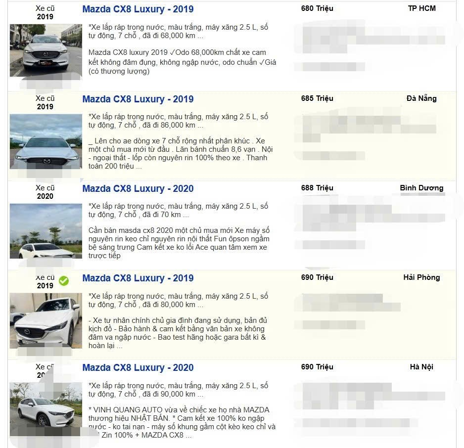 Một số tin rao bán&nbsp;Mazda CX-8. (Ảnh chụp màn hình)
