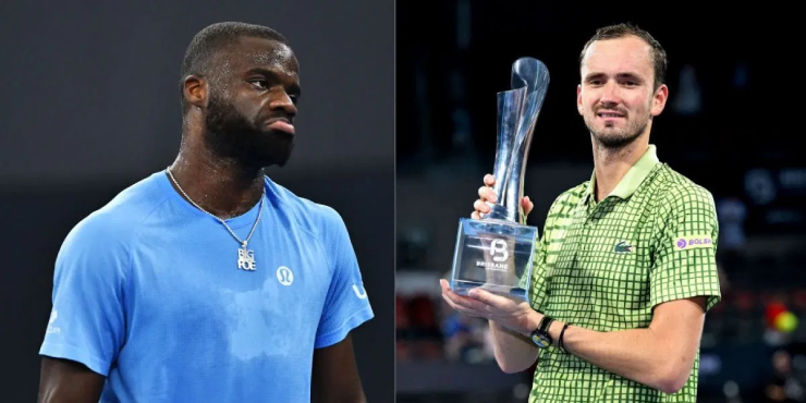 Medvedev (bên phải) chơi thăng hoa trở lại,&nbsp;Tiafoe (bên trái) đang tụt dần đều trên bảng xếp hạng