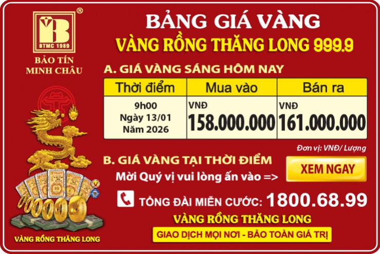 Giá Vàng Rồng Thăng Long- Bảo Tín Minh Châu ngày 13.01.2026