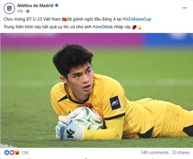 Atletico Madrid dành lời khen cho thủ môn Trung Kiên