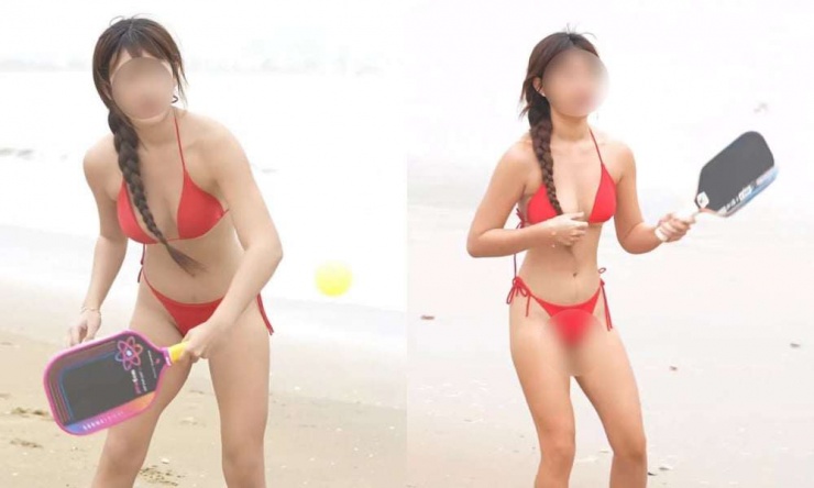 Cô gái mặc áo tắm hai mảnh, chơi pickleball trên bãi biển. Ảnh: Chụp màn hình