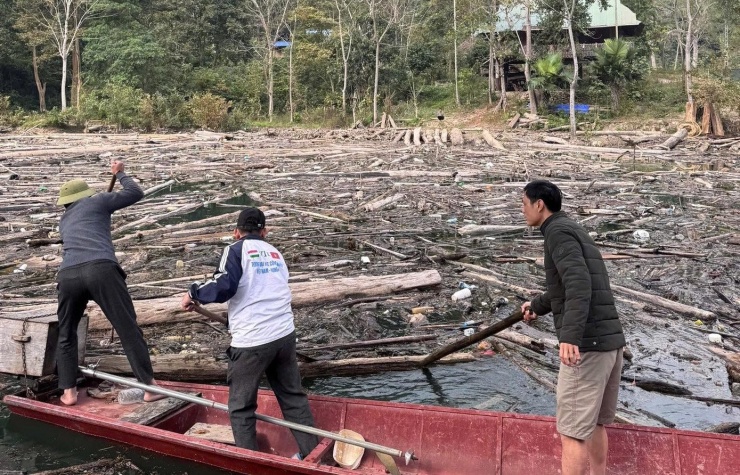 Lực lượng chức năng, thầy cô giáo phải chèo thuyền ra vớt gỗ rác.