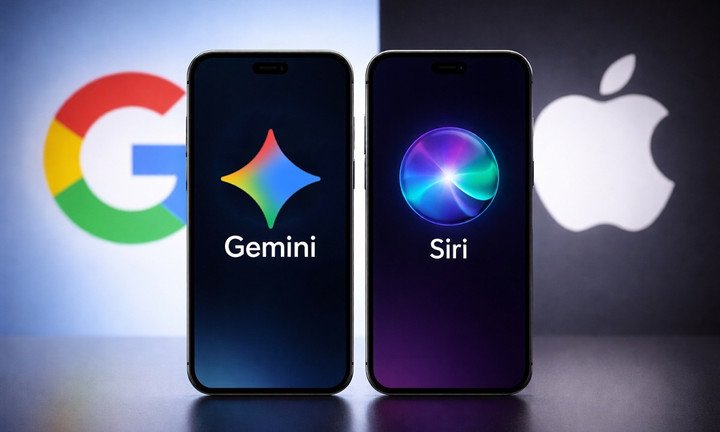 Logo Google Gemini và Apple Siri trên điện thoại. (Ảnh: ChatGPT)