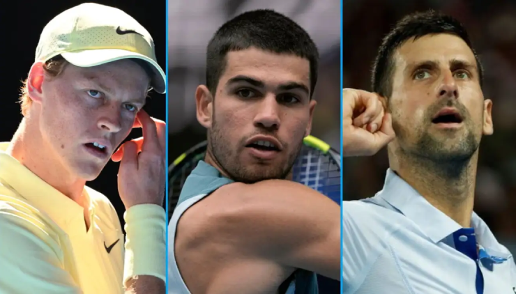 Sinner (bên trái) phải bảo vệ 2.000 điểm ở Úc, Alcaraz (giữa) có cơ hội gia tăng khoảng cách với các đối thủ