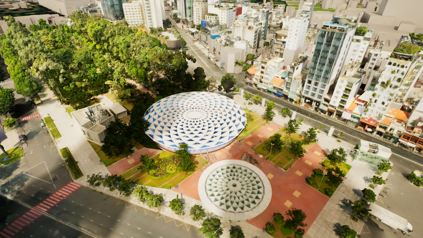 Ban Quản lý đường sắt đô thị TPHCM cho biết, bên cạnh chức năng giao thông, các nhà ga của tuyến metro số 2 còn được định hướng trở thành những không gian kiến trúc đặc sắc, nơi giao thoa hài hòa giữa công năng hiện đại và bản sắc đô thị. Ảnh: Phối cảnh khu vực ga Bến Thành nhìn từ trên cao.