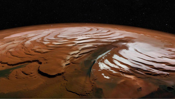 Băng nước tồn tại nhiều ở hai địa cực Sao Hỏa, là nơi mà dấu vết của sự sống cổ đại có thể được lưu giữ rất lâu - Ảnh minh họa: NASA