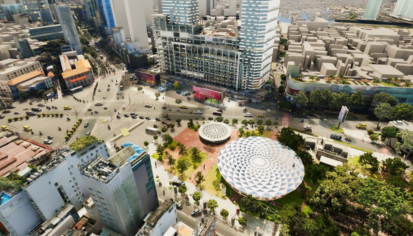 Ban Quản lý đường sắt đô thị TPHCM cho biết, bên cạnh chức năng giao thông, các nhà ga của tuyến metro số 2 còn được định hướng trở thành những không gian kiến trúc đặc sắc, nơi giao thoa hài hòa giữa công năng hiện đại và bản sắc đô thị. Ảnh: Phối cảnh khu vực ga Bến Thành nhìn từ trên cao.