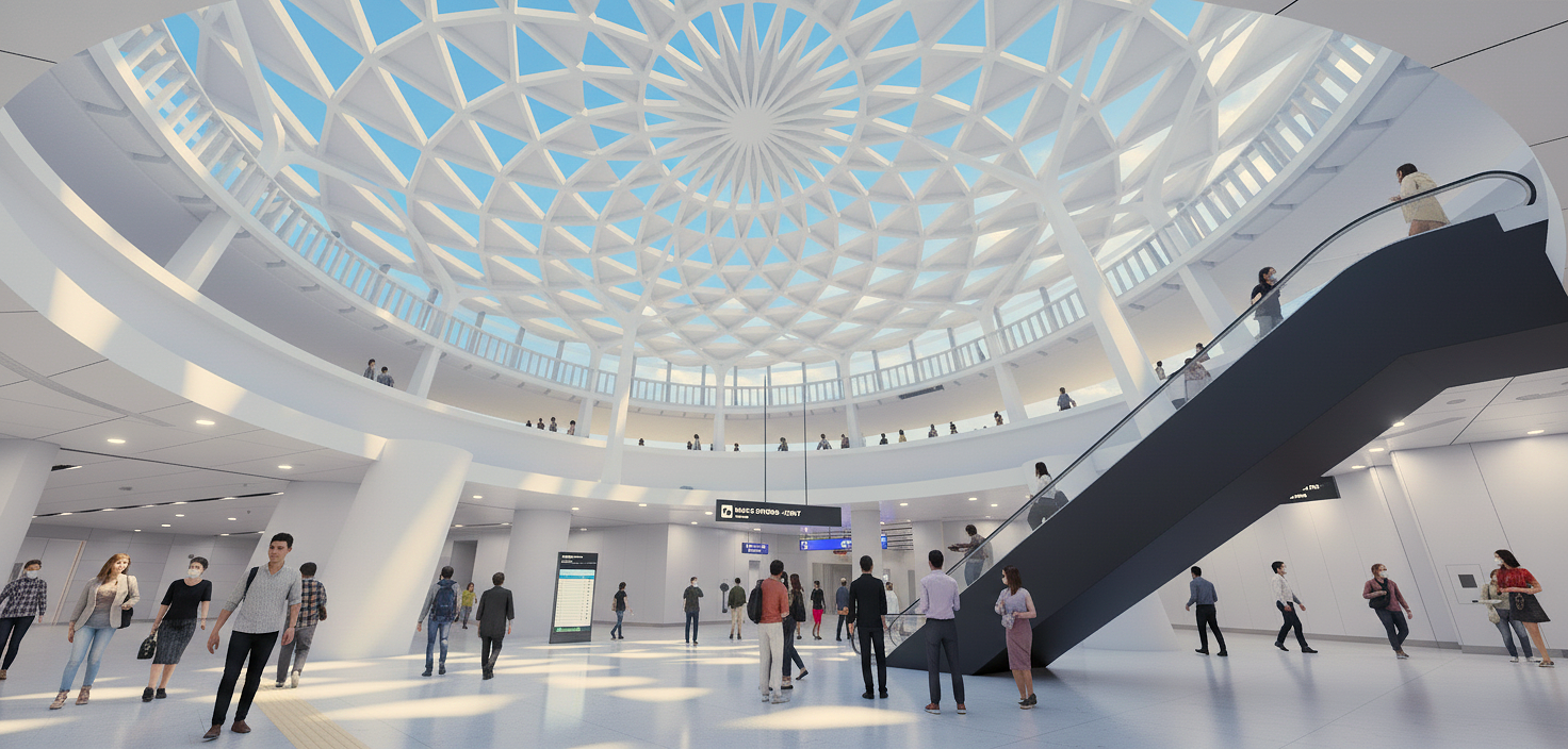 Không gian kiến trúc và thiết bị nhà ga Bến Thành hiện đại với ánh sáng theo lưu lượng hành khách, tiết kiệm năng lượng, thân thiện môi trường.