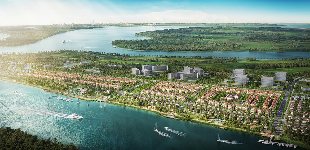 Elyse Island, một trong những dự án trọng điểm của Nam Long nằm trên đảo Đại Phước hưởng lợi trực tiếp từ các dự án hạ tầng giao thông liên vùng đang triển khai (Ảnh phối cảnh)