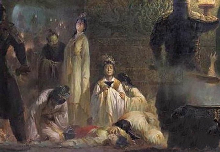 Tranh minh họa cảnh phi cần phải uống thuốc độc để chết theo vị hoàng đế vừa qua đời.