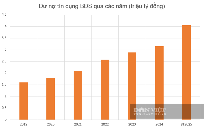 Dư nợ tín dụng bất động sản qua các năm. Biểu đồ: Dân Việt.