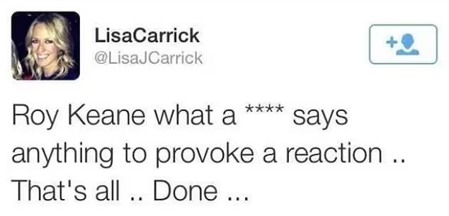 Lisa Carrick mắng Keane trên Twitter hồi năm 2014 sau khi Keane chỉ trích cuộc phỏng vấn của chồng cô