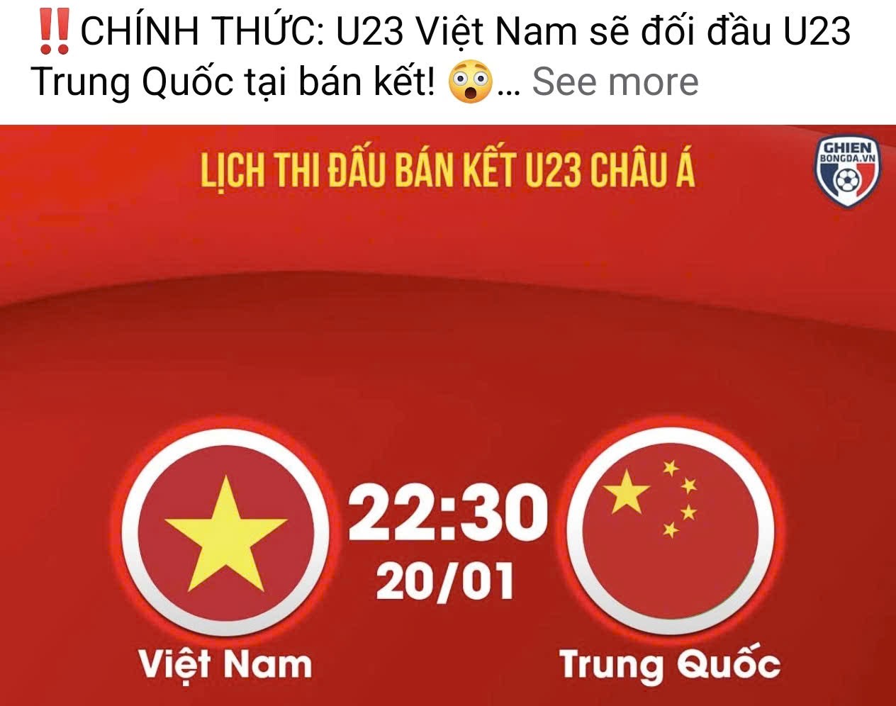 Trận bán kết giữa U23 Việt Nam và U23 Trung Quốc sẽ diễn ra vào tối muộn 20/1.