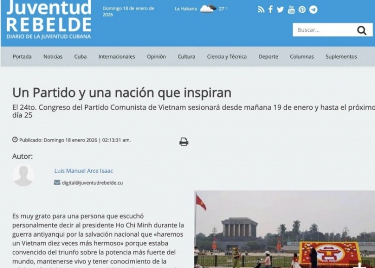 Bài viết trên tờ "Tuổi trẻ cách mạng" của Cuba. (Ảnh chụp màn hình)