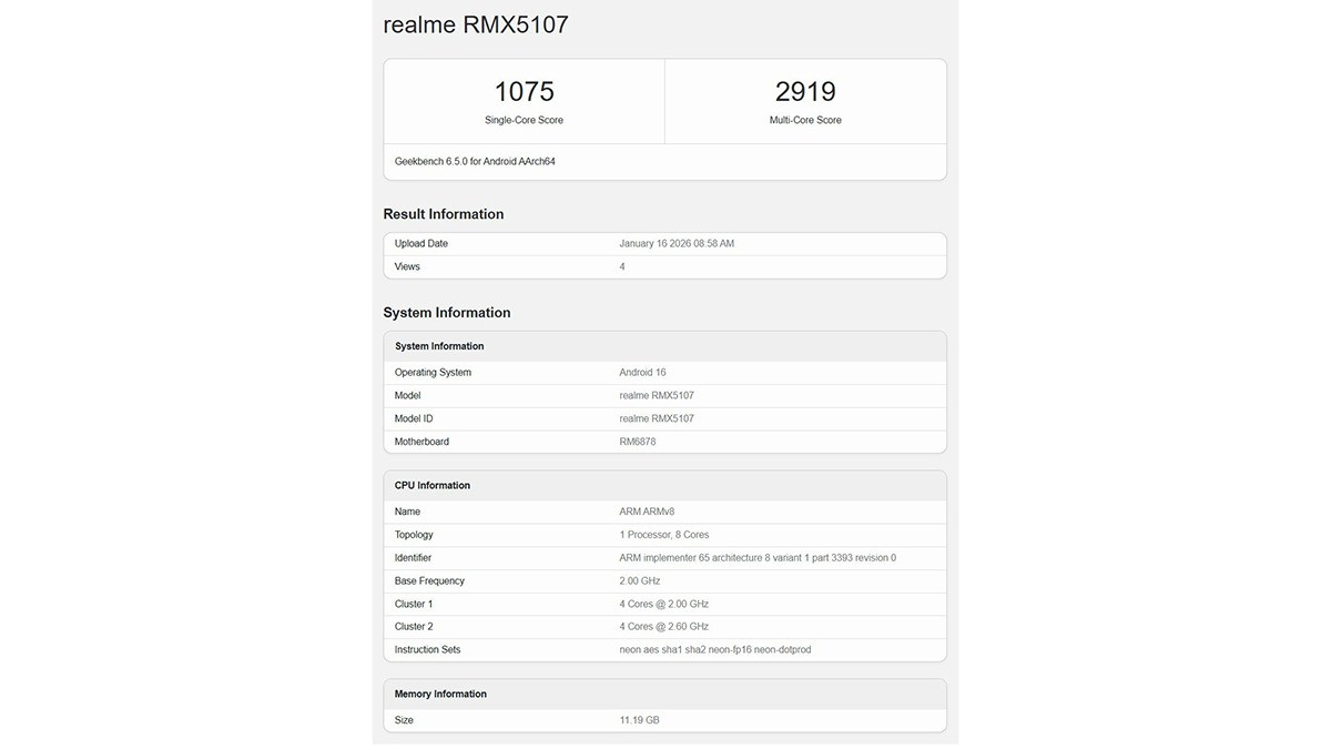 Realme P4 Power được thử nghiệm hiệu năng trên Geekbench