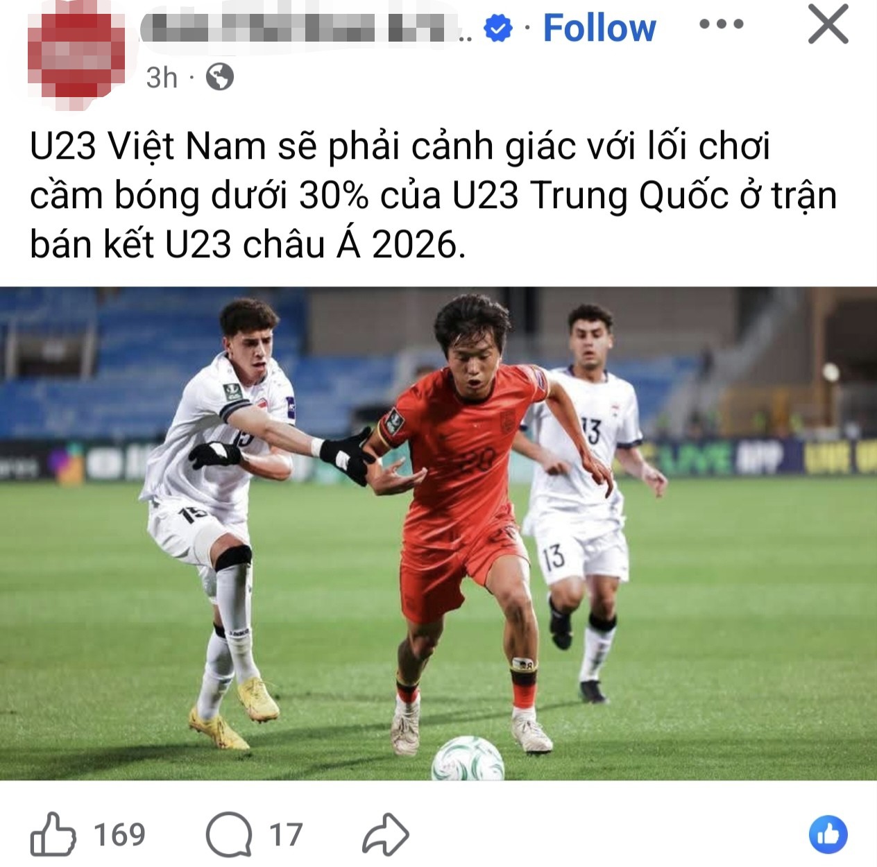 Một bài đăng về trận U23 Việt Nam - U23 Trung Quốc trên Facebook.