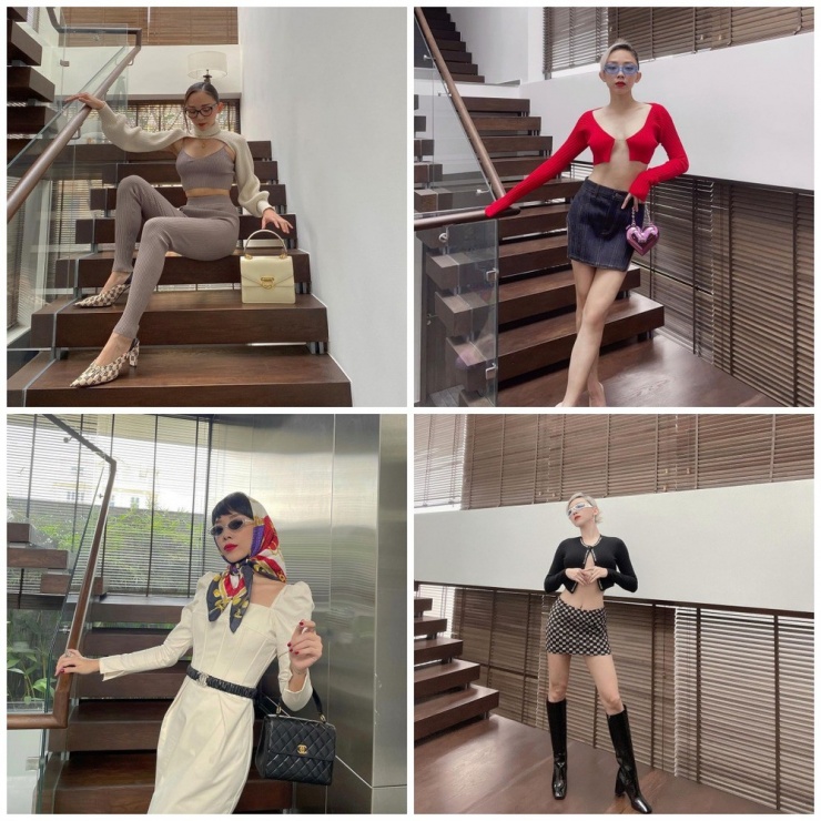 Tóc Tiên tạo dáng đủ kiểu như một người mẫu lookbook ở khu vực cầu thang yêu thích.