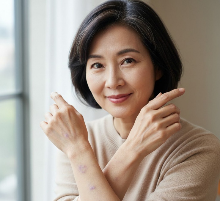 Da xuất hiện các vết bầm tím do tác hại của ánh nắng mặt trời hoặc do da mỏng đi hoặc do sự suy yếu của mạch máu...