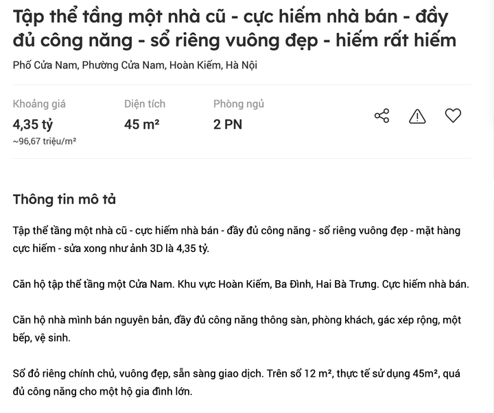 Nhà tập thể cũ được rao bán với giá hơn 350 triệu đồng/m². (Ảnh chụp màn hình).