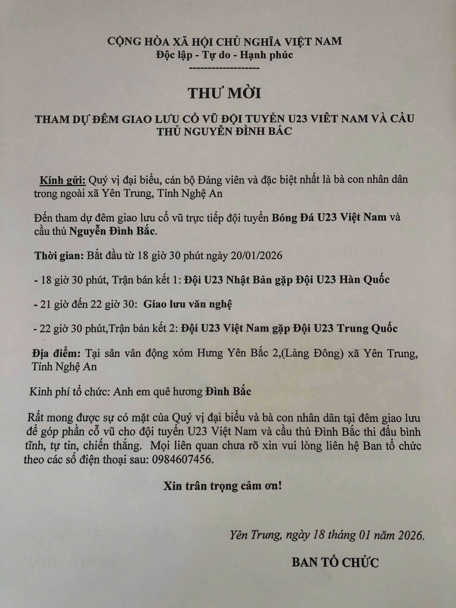 Thư mời người dân tới sân vận động Yên Trung tham dự cổ vũ cho U23 Việt Nam và Đình Bắc