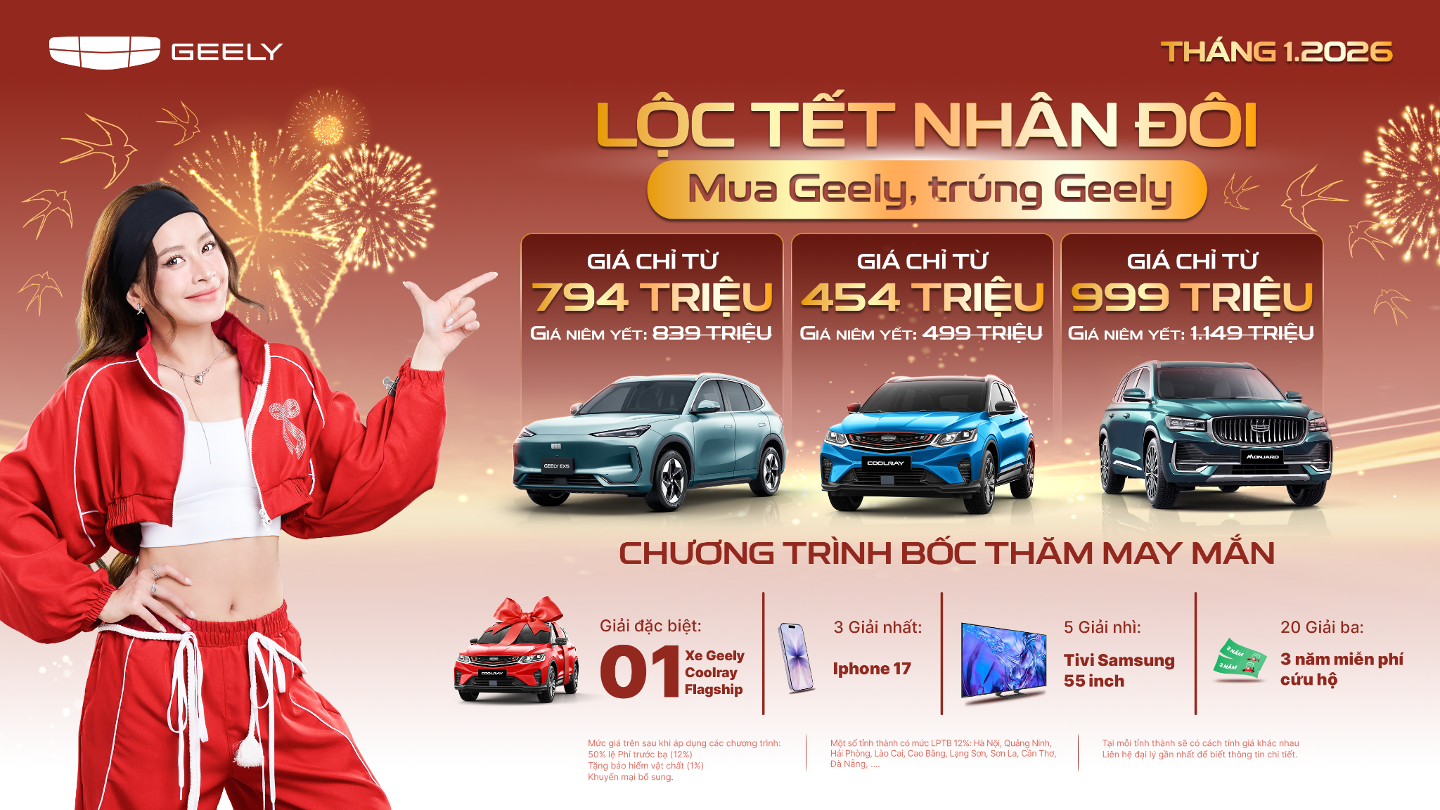 Cụ thể, khi mua các mẫu xe Geely Coolray trong thời gian khuyến mại từ nay đến hết 31/01/2026, khách hàng sẽ nhận 01 mã dự thưởng là số VIN của chiếc xe đã mua. Phiên quay số sẽ được tổ chức vào ngày 06/02/2026 và livestream trực tiếp trên Fanpage chính thức của Geely Việt Nam. Kết quả sẽ được công bố vào ngày 07/02/2026. Tất cả phần thưởng sẽ được gửi đến tay khách hàng trong vòng 45 ngày kể từ thời điểm công bố kết quả.
