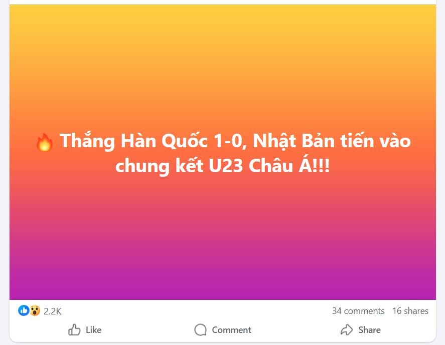 Kết quả trận U23 Nhật Bản - U23 Hàn Quốc được một fanpage bóng đá cập nhật.