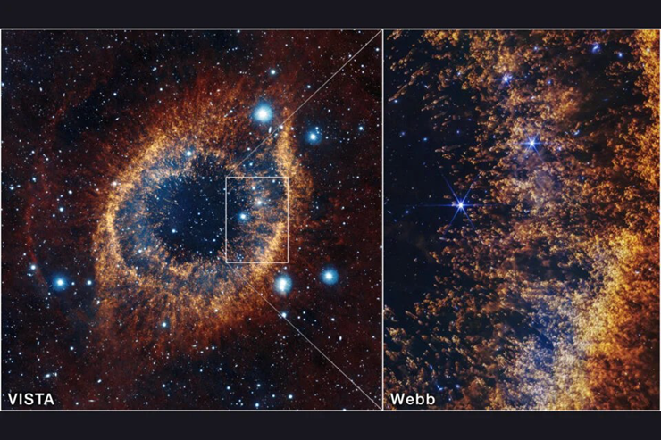 Hình ảnh về tinh vân Helix qua hai lăng kính của VISTA và Webb.