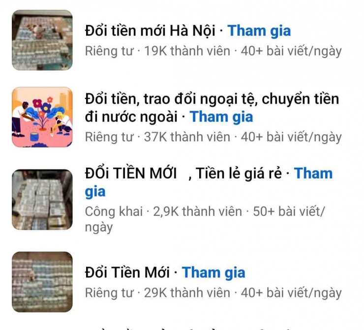 Hàng loạt hội, nhóm đổi tiền lẻ xuất hiện dày đặc trước Tết Nguyên đán 2026. Ảnh: Chụp màn hình
