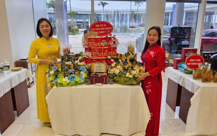 Sản phẩm trà hoa cúc chi của HTX sản xuất, kinh doanh dịch vụ nông nghiệp xã Thắng Thủy được trưng bày tại hội chợ. Ảnh: Hằng Thuỷ