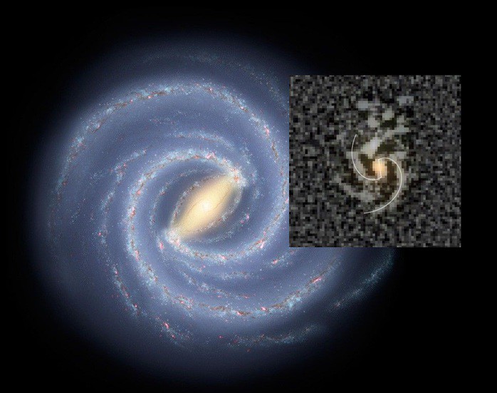 Thiên hà Milky Way trong bức ảnh đồ họa của NASA và thiên hà COSMOS-74706 vừa được các kính viễn vọng chụp lại - Ảnh: NASA/Daniel Ivanov