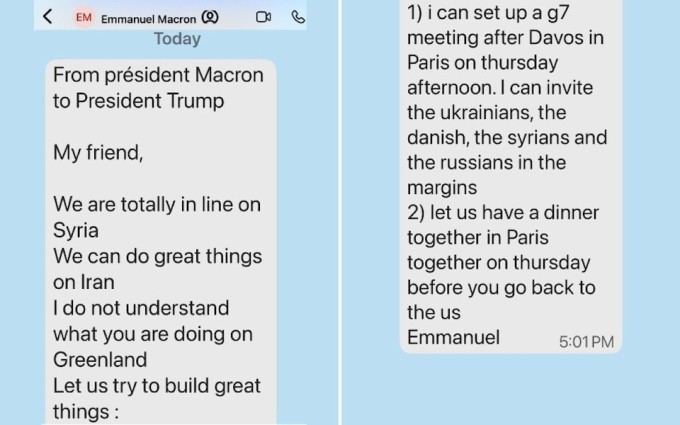Tin nhắn của Tổng thống Pháp Emmanuel Macron được ông Trump tiết lộ trên mạng xã hội hôm 20/1. Ảnh: Truth Social/realDonaldTrump