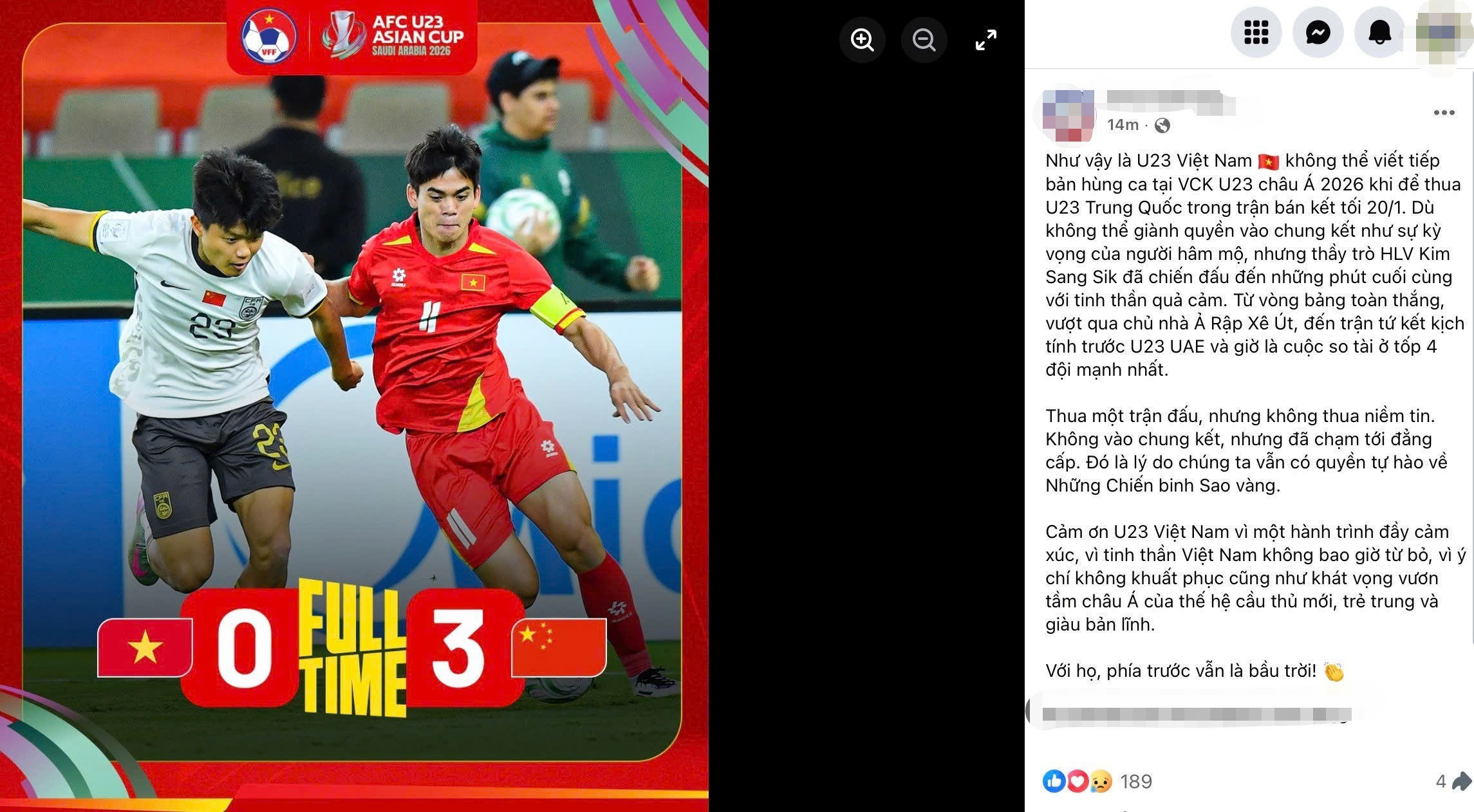 Một bài đăng chia sẻ cảm xúc ngay sau khi trận U23 Việt Nam - U23 Trung Quốc kết thúc.