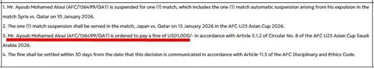 Quyết định mới nhất của DEC là vào ngày 13/1, dành cho cầu thủ của U23 Qatar. Ảnh: DEC/ AFC.