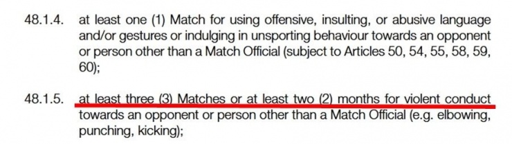 Án phạt cấm thi đấu ít nhất 3 trận hoặc ít nhất 2 tháng cho hành vi bạo lực. Ảnh: DEC.
