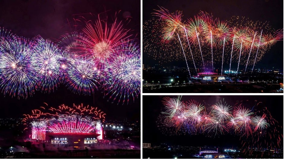 Bầu trời Mỹ Đình (Hà Nội) sáng rực trong màn bắn pháo hoa tầm cao buổi tổng duyệt. Ảnh: THQP