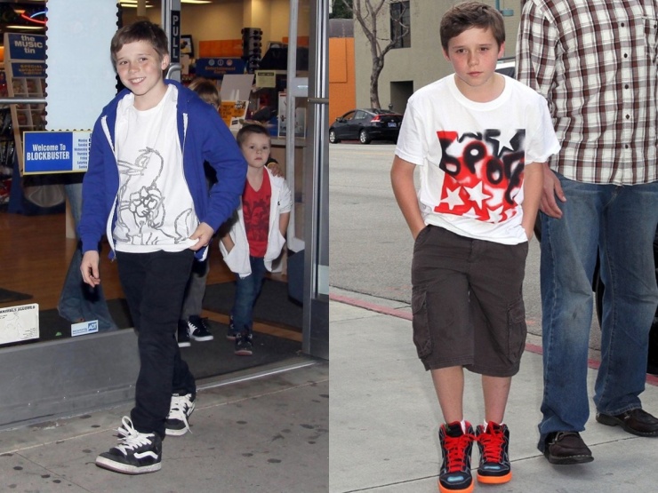 Brooklyn gắn bó với áo phông, hoodie, quần jeans, quần lửng, sneakers năm 10 tuổi. Dù giàu có, vợ chồng David hiếm khi sắm hàng hiệu xa xỉ cho con, ưu tiên thiết kế từ các thương hiệu địa phương dòng bình dân hoặc trung cấp. Ảnh: Splash News