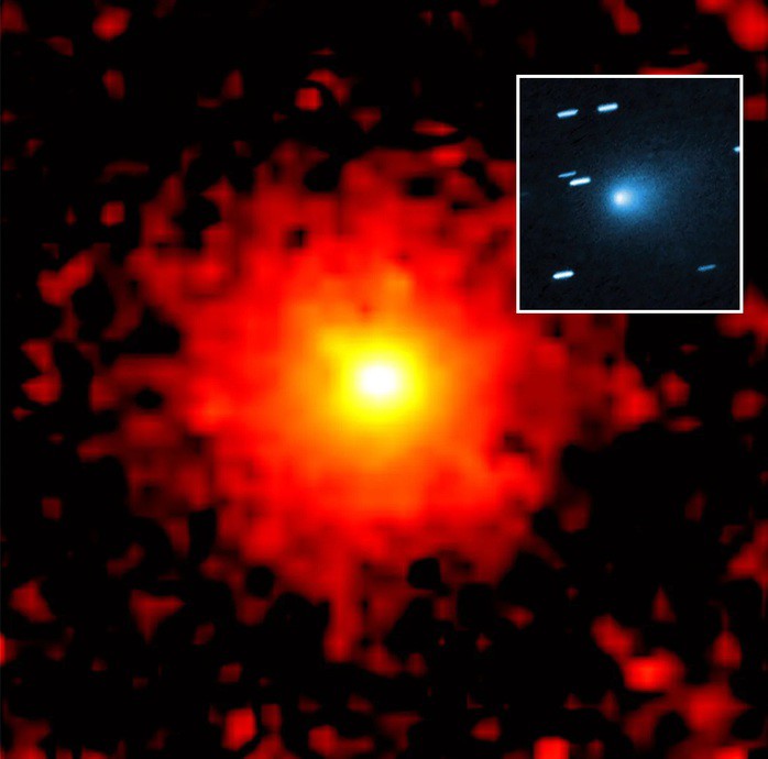 Vật thể liên sao 3I/ATLAS thăng hoa trong hình ảnh của SPHEREx (ảnh lớn) và trong một bức ảnh mà kính viễn vọng không gian Hubble chụp dưới ánh sáng khả kiến (ảnh nhỏ) - Ảnh: NASA/ESA