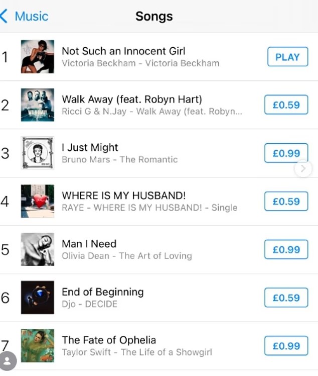 Nhờ làn sóng ủng hộ của công chúng, Victoria Beckham lần đầu lên vị trí số 1 trên bảng xếp hạng iTunes tại Anh và Ireland vào tuần này.